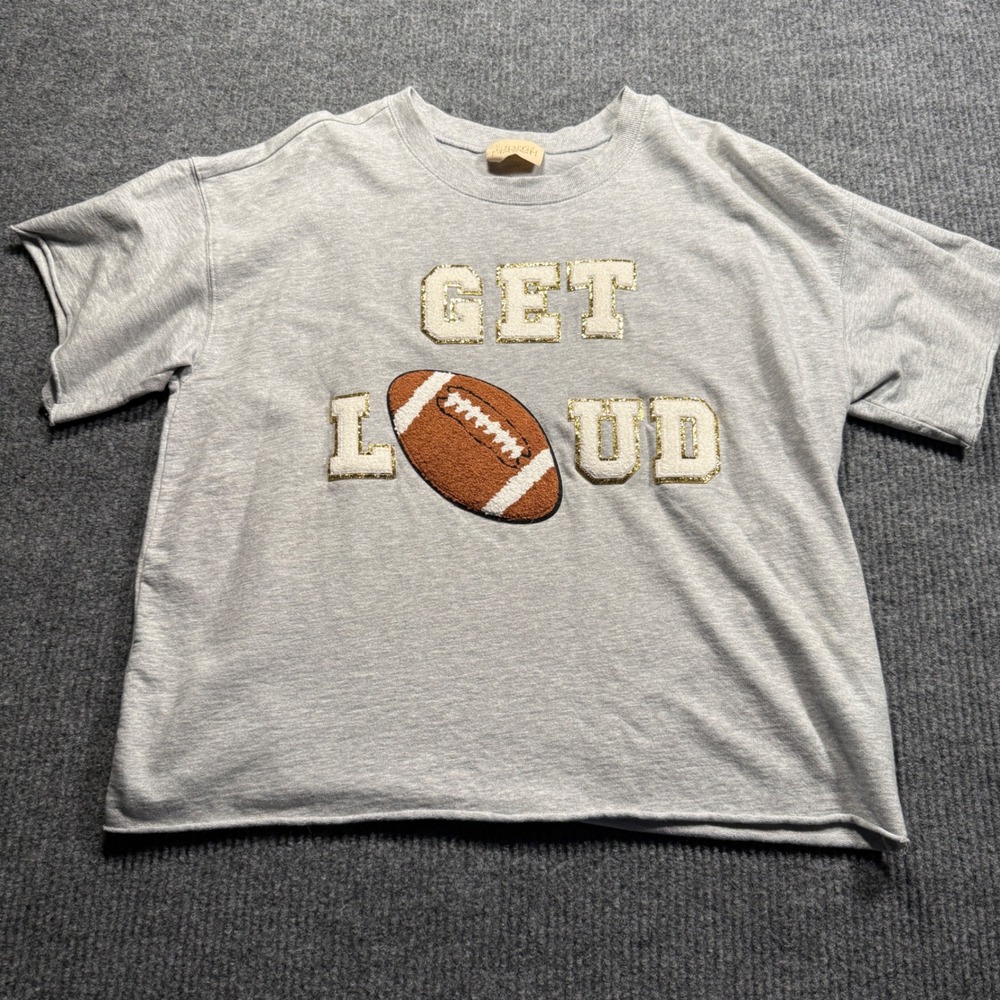 Judith March Graphic T-Shirt Womens M Gray Get Loud Football Chenille Patch